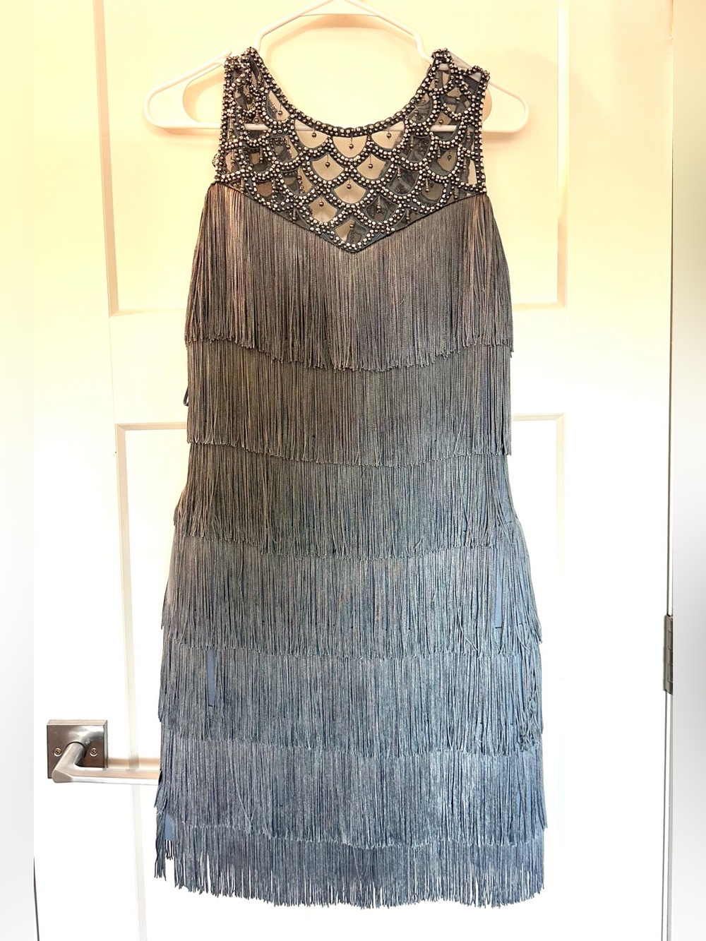 Badgley Mischka Silver-Gray Beaded Fringe Mini Dress
